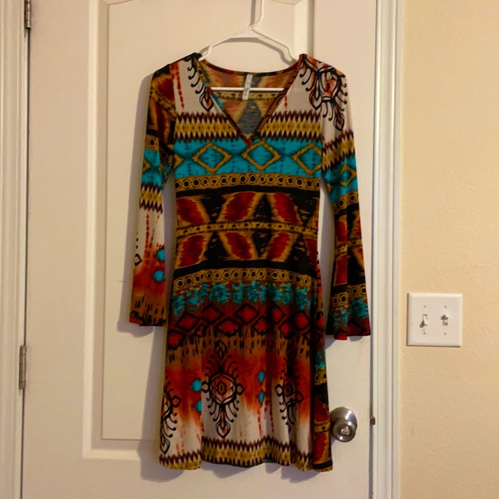 Dress: brown turquoise red black aztec design, small